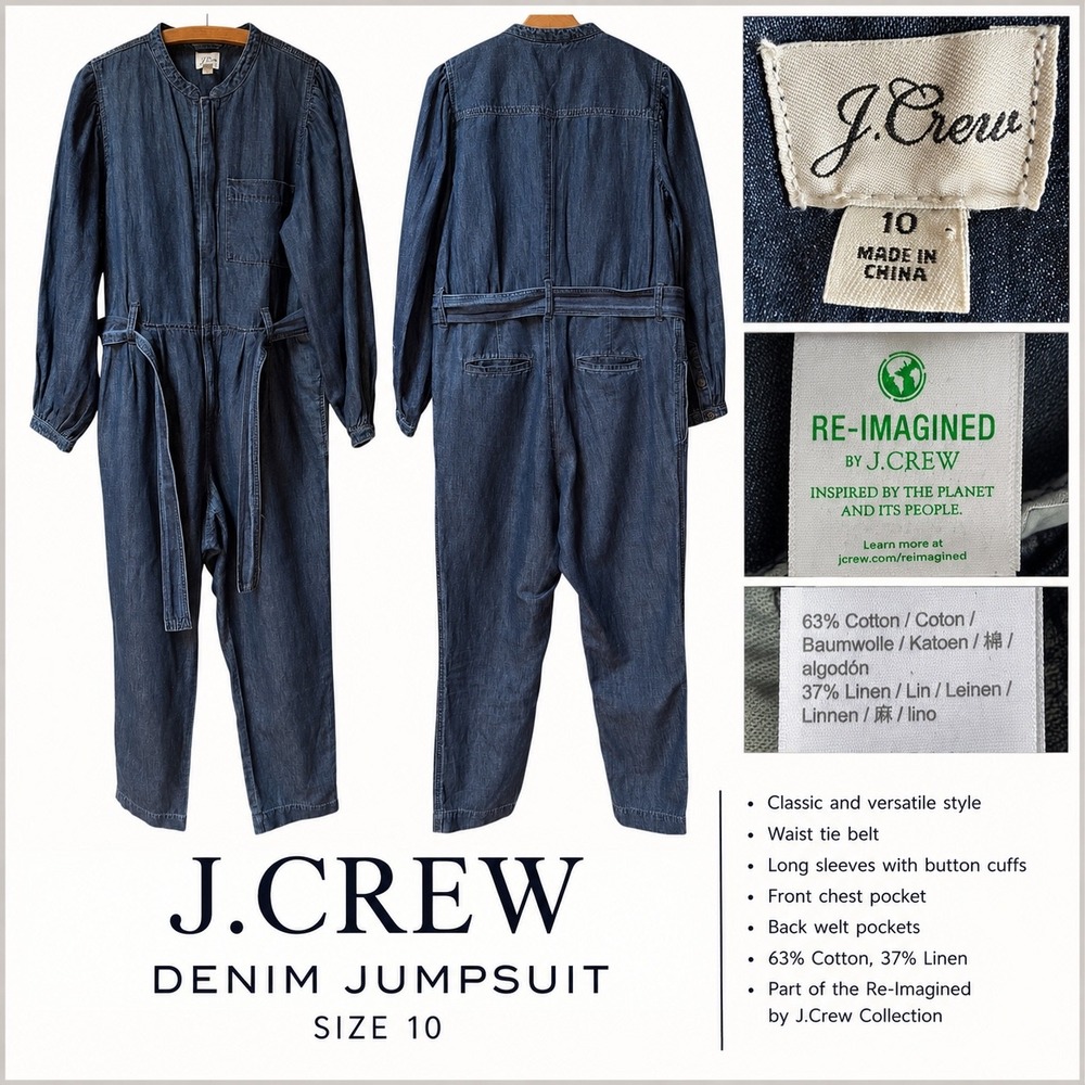 J.Crew Re-Imagined Denim Cotton Linen Jumpsuit Blue Size 10 Long Sleeve Belted